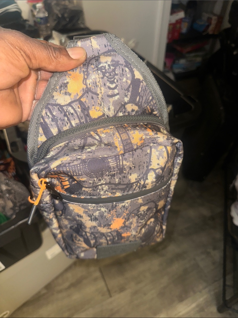 True Religion Men's Gray & Orange Patterned Sling Belt Bag